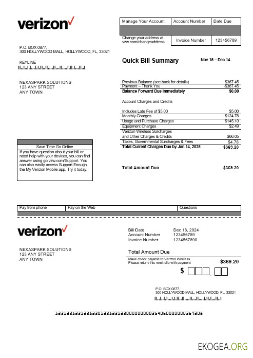 Modèle de facture de services publics USA Verizon Business aux formats Word et PDF